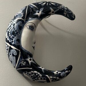 Moon Pottery Piece from Rosarito Mexico.  Blue and White. Brand new. 10x11